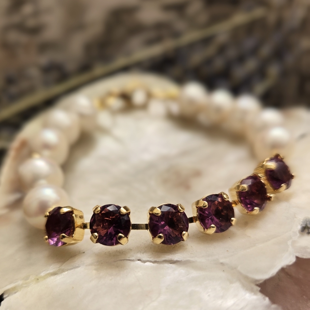 10.5 Total Carats Natural Amethyst And Large Freshwater Pearls In GP  Bracelet